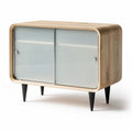 Wooden side cabinet with sliding glass doors and tapered legs 60 x 40 x 45cm
