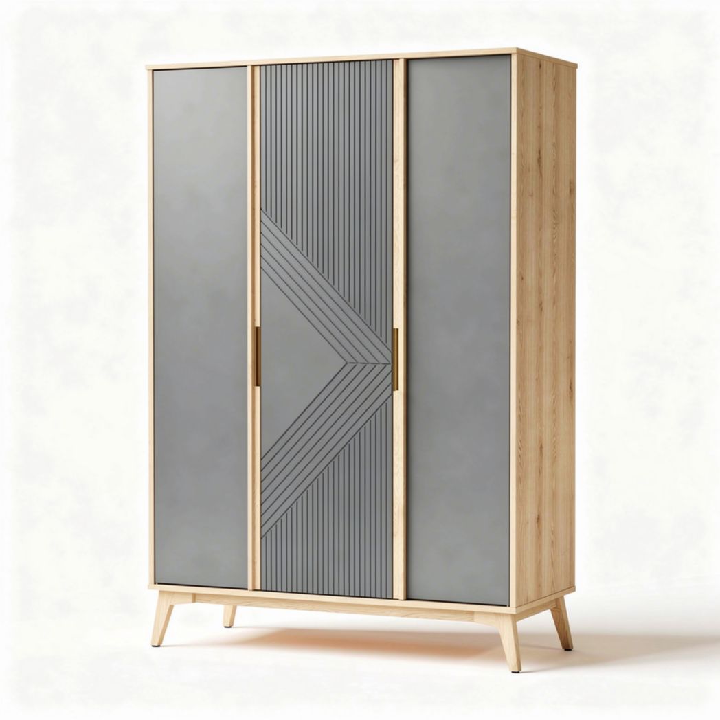 Modern wooden wardrobe with gray doors and geometric design 150 x 80 x 200cm