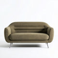 Two-seater modern sofa in olive green fabric with stainless steel legs