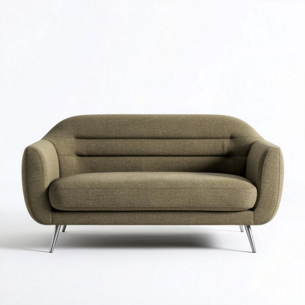 Two-seater modern sofa in olive green fabric with stainless steel legs