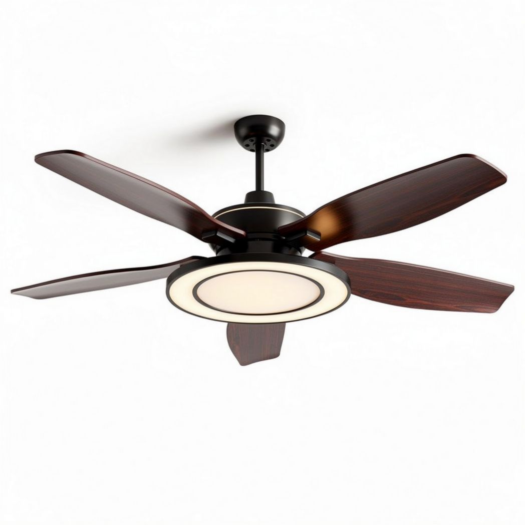 Ceiling fan with light fixture and four wooden blades 52 inches in black
