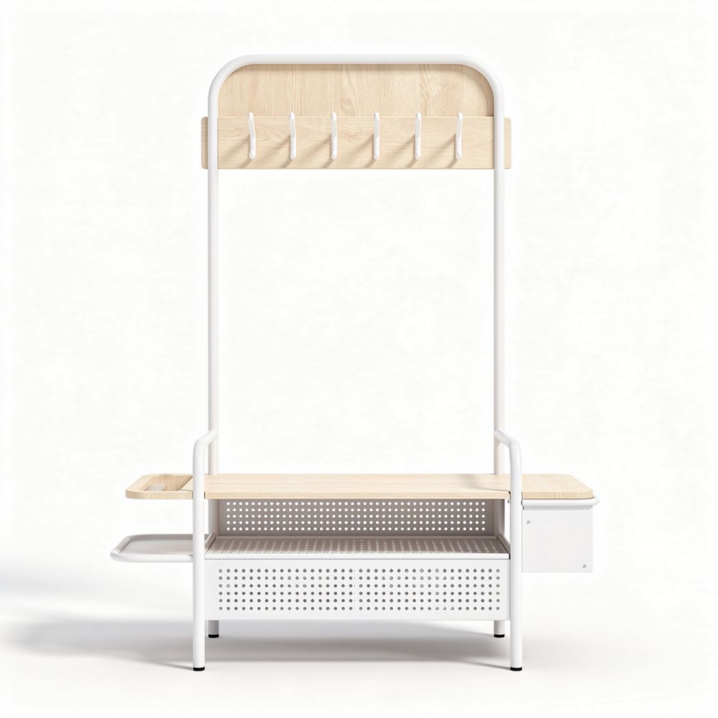 Metal frame hall tree with wooden shelf bench and storage drawer 100 x 50 x 180cm