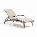 Outdoor adjustable lounge chair in beige with aluminum frame and wooden armrests