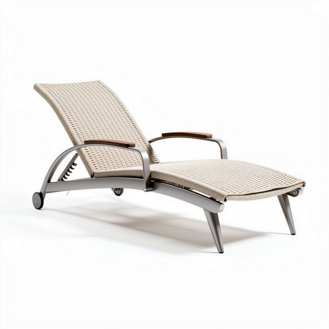 Outdoor adjustable lounge chair in beige with aluminum frame and wooden armrests