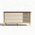 Wooden storage cabinet with slatted design in beige and dark brown 120 x 45 x 75cm