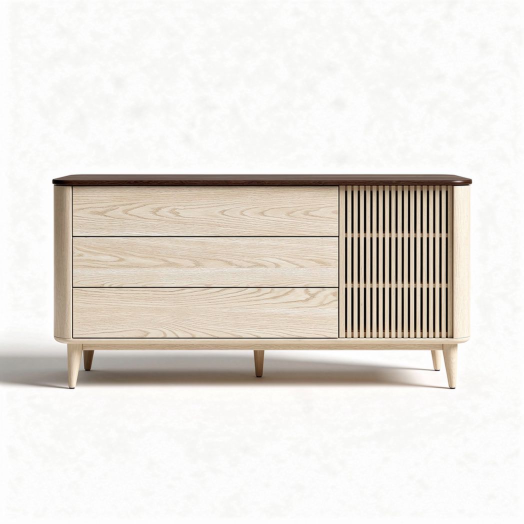 Wooden storage cabinet with slatted design in beige and dark brown 120 x 45 x 75cm