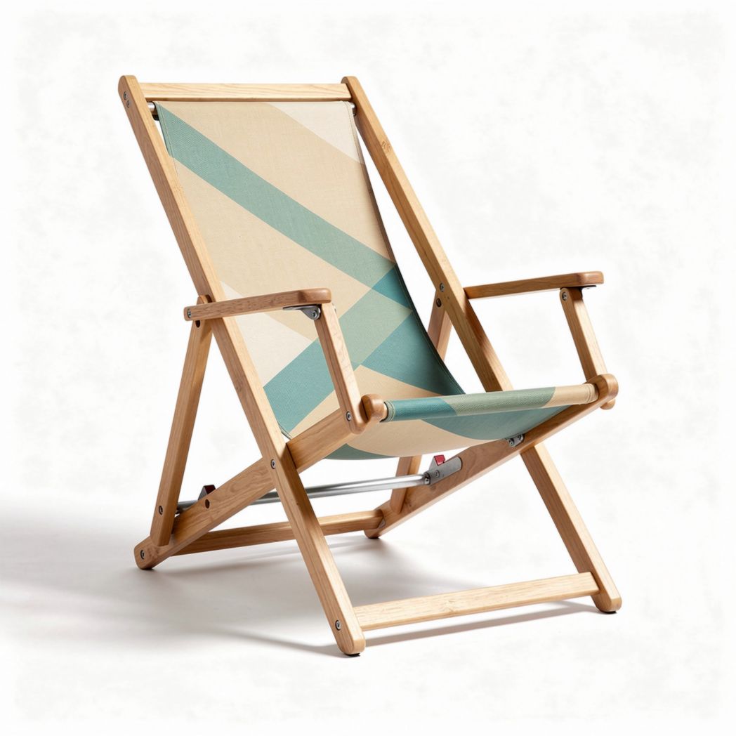 Wooden folding beach chair with canvas seat in blue and beige stripes 89 x 62 x 93cm
